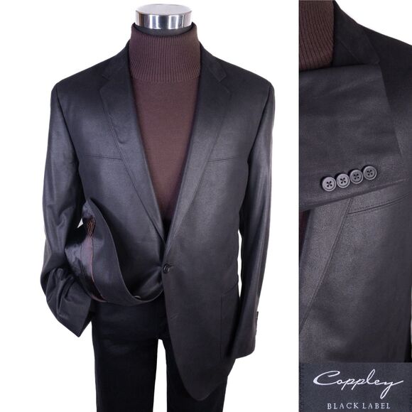 Coppley Faux Leather Black GRANDY Sport Coat Jacket Blazer Sz 46R Two Button EUC - Picture 1 of 13